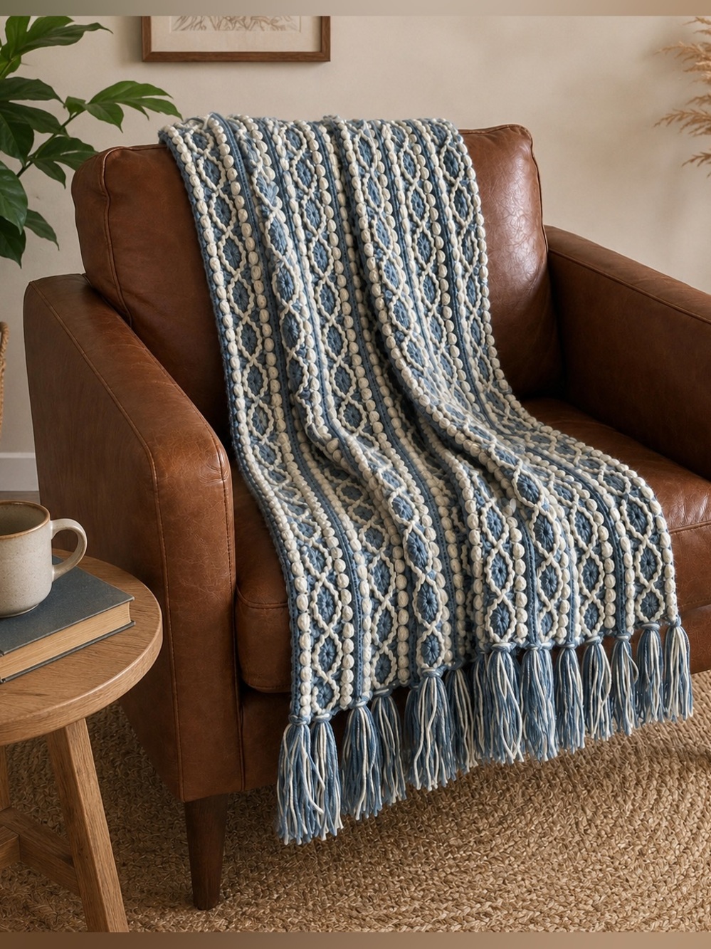 Handmade Aran cable, popcorn crochet Blue & Cream Textured Afghan Throw